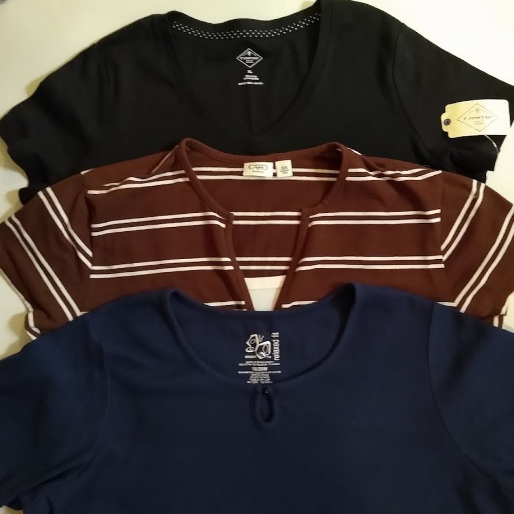 3 Tops 1. St John's Bay XL.  2. Brown/White Stripe by CATO. 3. Relaxed Fit Navy
